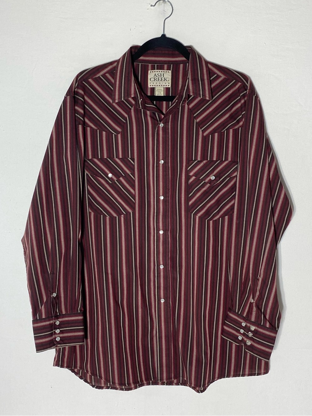 Vintage Ash Creek Trading Burgundy Striped Long Sleeve Pearl Snap Shirt L